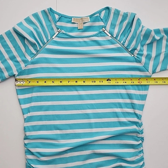 Michael Michael Kors Blue White Striped Ruched Zippers Neck Cotton Top Sz Medium - Picture 11 of 11